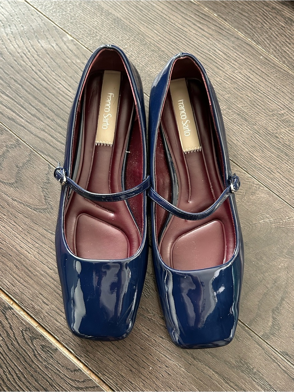 Franco Sarto Navy Patent Mary Jane Flats with Burgundy Insole